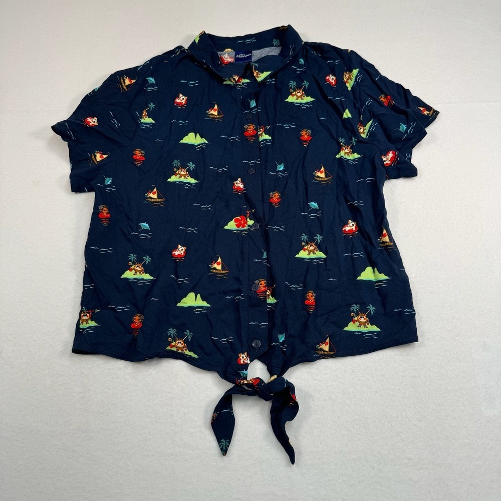 Disney Navy Blue Tropical Print Button-Down Tie Front Shirt